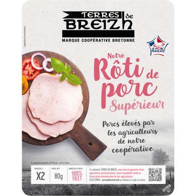 Notre rôti de porc nature cuit supérieur TERRES DE BREIZH, 2 tranches,80g
