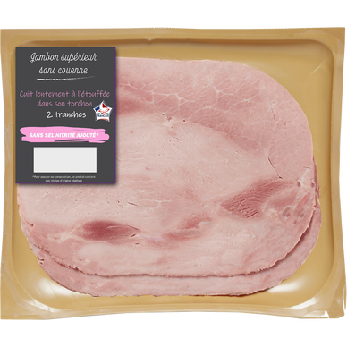 Jambon supérieur sans couenne, sans sel nitrité ajouté, VPF, 2 tranches