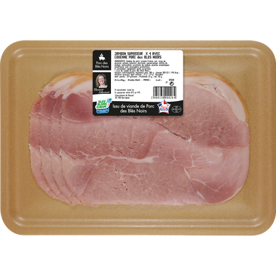 Jambon cuit supérieur avec couenne porc des blés noirs, bleu blanc coeur, VPF, 4 tranches