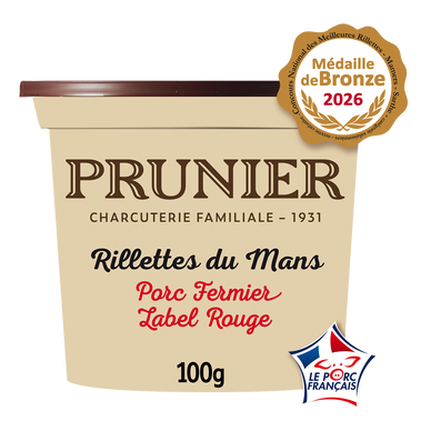 Rillette Mans porc fermier Viande de Porc Français, PRUNIER, 100g