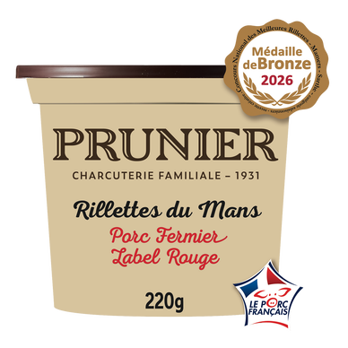 Rillettes du Mans Label Rouge pur porc fermier Viande de Porc FrançaisPRUNIER, 220g