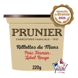 Rillettes du Mans Label Rouge pur porc fermier Viande de Porc FrançaisPRUNIER, 220g