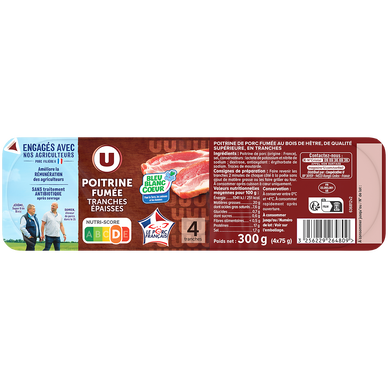 Poitrine de porc fumée - 4 tranches épaisses - 300g