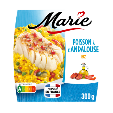Plat cuisiné individuel Poisson à l'Andalouse, riz safrané et courgettes grillées MARIE, 300g