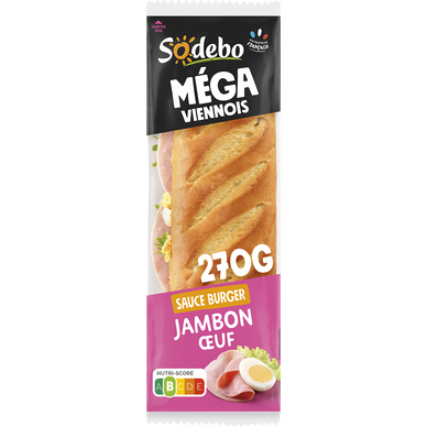 Sandwich le Méga baguette, jambon, salade, oeufs, tomates, sauceburger SODEBO, 270g
