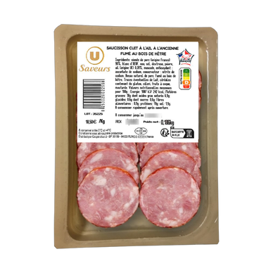 Saucisson cuit à l'ail à l'ancienne fumé au bois de hêtre tranché, VPF