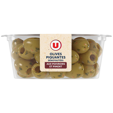 Olives vertes dénoyautées aux poivrons rouge et piment jalapeno rouge,150g