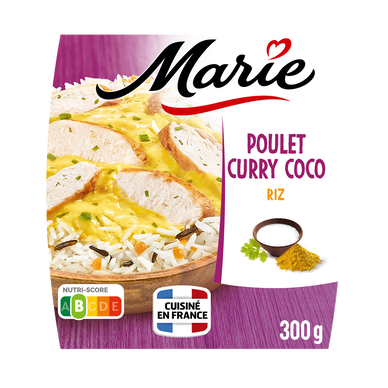 Plat cuisiné individuel Poulet sauce curry lait de coco, riz basmati/sauv.MARIE 300GS