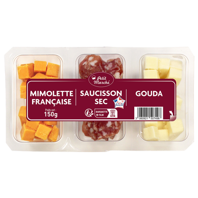 Dés de saucisson/mimolette/gouda, Petit Marché, 150g