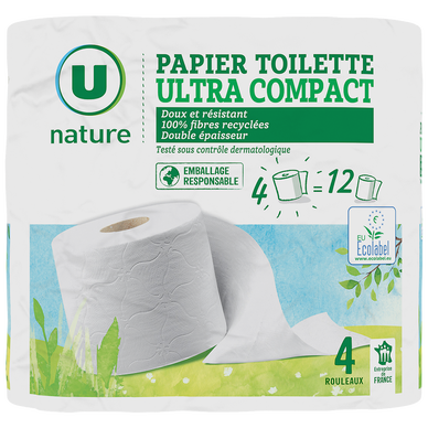 Papier toilette 2 plis ultra compact U NATURE x4=12 rouleaux