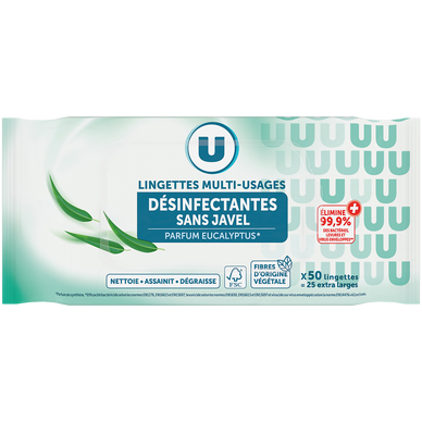 Lingettes désinfectantes sans javel multi-usages fraîcheur eucalyptusx25
