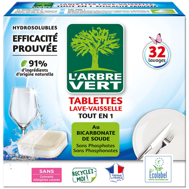 Tablette lave vsl tout-en-1 écolabel L'ARBRE VERT x32doses90% d'ingrédients d'origine naturelle