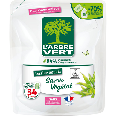 L'ARBRE VERT - Lessive liquide - Hypoallergénique - Savon végétal - 34lavages - RECHARGE - 1.53 l