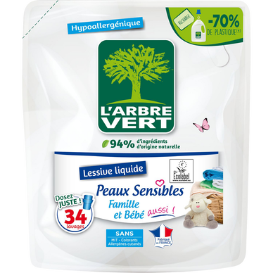 L'ARBRE VERT - Lessive liquide - Pour bébé,Hypoallergénique - Non définie - Non définie - 34 lavages - RECHARGE - 1.53 l