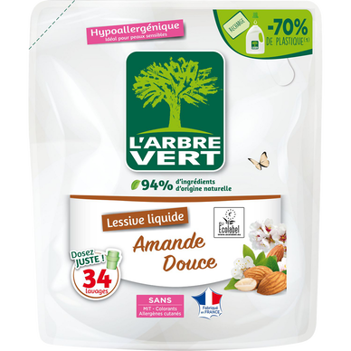 L'ARBRE VERT - Lessive liquide - Hypoallergénique - Amande douce - 34lavages - RECHARGE - 1.53 l