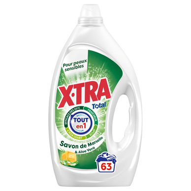 X-TRA - Lessive liquide - Hypoallergénique - 4+1 - Savon de Marseille& Aloe Vera - 63 lavages - 2.835 l