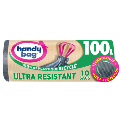 Sac poubelle poignée coulissante ultra résistant 80% plastique recycléHANDY BAG 100L x10