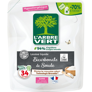 L'ARBRE VERT - Lessive liquide - Hypoallergénique - Bicarbonate de soude - 34 lavages - RECHARGE - 1.53 l