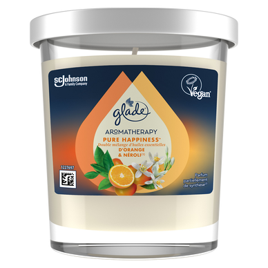 Bougie aromathérapie pure hapiness orange et néroli sans huile depalme GLADE 180g