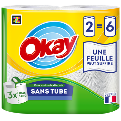 Essuie-tout sans tube blanc OKAY - 2 rouleaux = 6