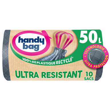 Sac poubelle poignée coulissante ultra résistant 80% plastique recycléHANDY BAG 50L x10