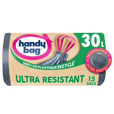 Sacs poubelle poignées coulissant ultra résistant 80% recyclés HANDYBAG 30L x15