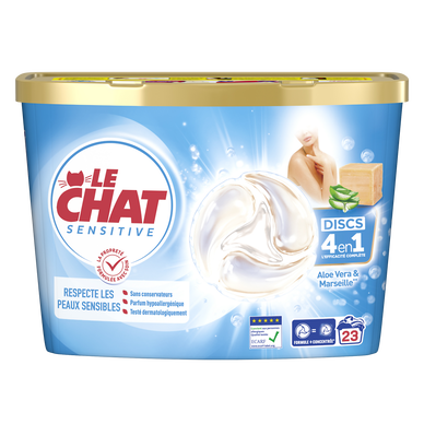 LE CHAT - Lessive en doses - Hypoallergénique - 4 en 1 - Aloe Vera &Marseille - 23 lavages - 380 g
