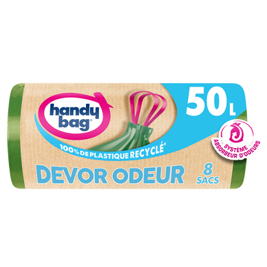 Sacs poubelle poignées coulissantes devor odeur 80% plastiqye recyclésHANDY BAG 50L x8