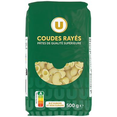 Pâtes Coudes rayés qualité supérieure, paquet cello de 500g