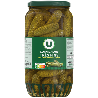 Cornichons très fins pasteurisés au vinaigre  bocal de 530g