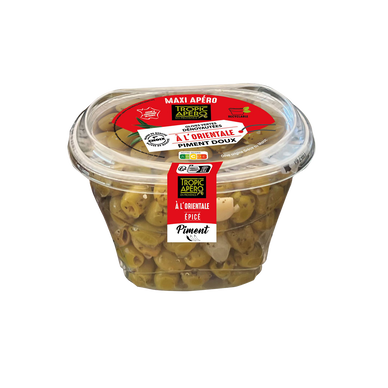 Olives vertes dénoyautées à l'orientale, TROPIC APERO, barquette 400g