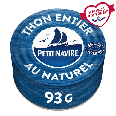 Thon albacore au naturel démarche responsable PETIT NAVIRE, boite de 93g poids net égoutté