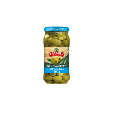 Olives Vertes Dénoyautées - 25% de sel TRAMIER - bocal 160g