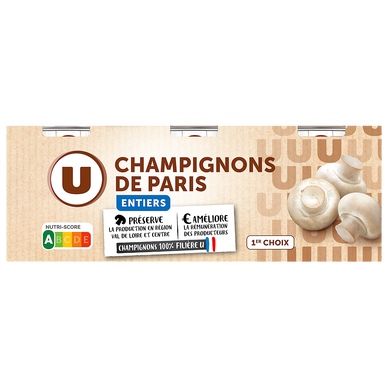Champignons de Paris entiers au naturel - 3 boîtes de 115g