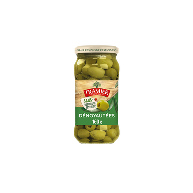 Olives Vertes Dénoyautées Sans Résidus de Pesticides TRAMIER, bocal 160g - Espagne -
