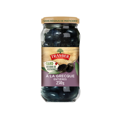 Olives Noires à la Greque Entières Sans Résidus de Pesticides TRAMIER- bocal 250g
