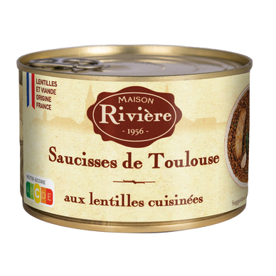 Plat cuisiné Saucisses de Toulouse aux lentilles cuisnées MAISON RIVIERE - Boite  1/2 - 420g
