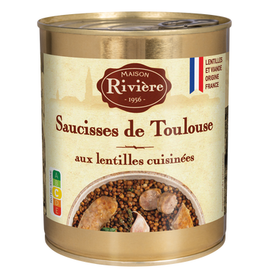 Plat cuisiné Saucisses Toulouse lentilles cuisinées MAISON RIVIERE Boîte de 840g