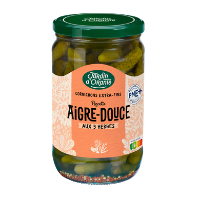 Cornichons doux aux 3 herbes LE JARDIN D'ORANTE, bocal de 72cl