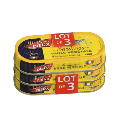 Sardines à l'huile végétale LE TRESOR DES DIEUX, 3 boîtes de 1/15