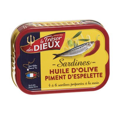 Sardines à l' huile d'olive et au piment d'Espelette LE TRESOR DES DIEUX, boîte de 1/6, 115 g