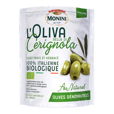 Olives vertes dénoyautées bio au naturel varieté Bella di Cerignola MONINI 150g