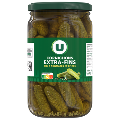 Cornichons extra-fins au vinaigre  bocal de 72cl, 360g