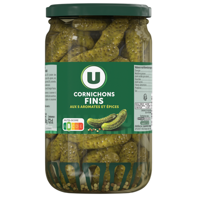 Cornichons fins pasteurisés au vinaigre  bocal de 360g