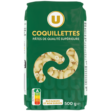 Pâtes Coquillette qualité supérieure, paquet cello de 500g
