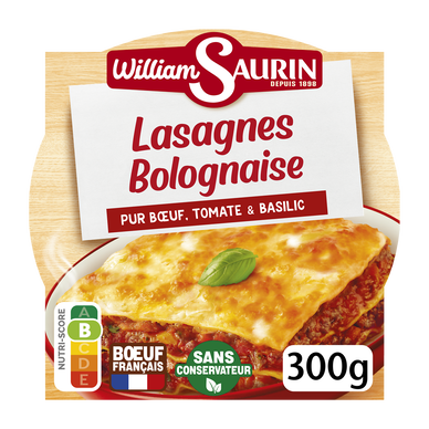 Plat cuisiné Lasagnes bolognaise pur boeuf tomate basilic WILLIAM SAURIN baruqette300g