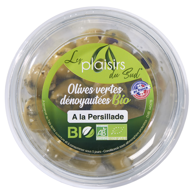 Olive verte denoyautée persillade, BIO, Barquette 120g
