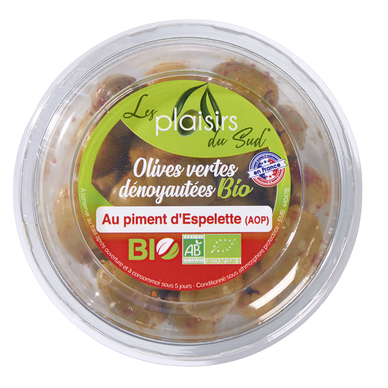Olive verte denoyautée au piment d'Espelette, BIO, Barquetre 120g