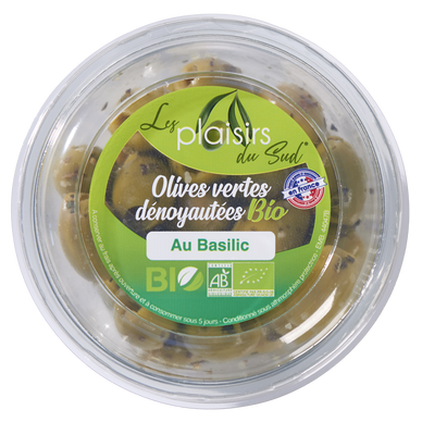 Olive verte denoyautée basilic, BIO, Barquette 120g