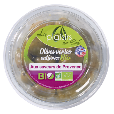 Olives vertes, BIO, aux saveurs de provence, barquette, 140g